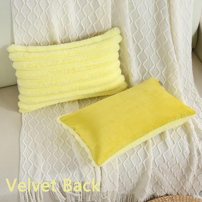 FUTEI Yellow Striped Decorative Throw Pillow Covers 12x20 Inch Set of 2,Rectangle Winter Decorations Couch Lumbar Pillowcase,Soft Cozy Faux Rabbit Fur & Velvet Back,Modern Home Decor for Bed
