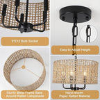 Rattan Chandelier for Dining Room 5-Light Boho Chandeliers Light Fixture Brown and Black Woven Pendant Light Farmhouse Light Fixtures for Living Room,Foyer,Kitchen Island,Coastal,Stairway,Hallway,E12