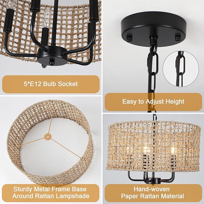 Rattan Chandelier for Dining Room 5-Light Boho Chandeliers Light Fixture Brown and Black Woven Pendant Light Farmhouse Light Fixtures for Living Room,Foyer,Kitchen Island,Coastal,Stairway,Hallway,E12