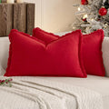 MIULEE Christmas Decorative Lumbar Throw Pillow Covers Neutral Linen Fringe Throw Pillows Set of 2 Red Boho Farmhouse Cushion Covers with Tassels for Couch Sofa Bed Living Room Home Decor 12x20 Inch