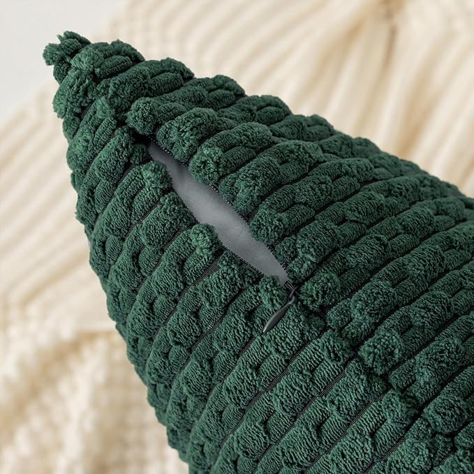 Kevin Textile Decorative Pillow Covers Set of 2 Striped Plush Corduroy Pillows Pillowcases Boho Home Decor Cushion Covers for Couch Sofa Bed Living Room 22x22 Inch, Army Green