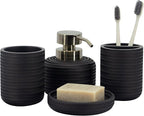 ZCCZ Black Bathroom Accessories Set 4 Pcs - Toothbrush Holder, Soap Dispenser, Vanity Tray, Tumbler - Countertop Organizer for Bathroom - Modern Accessory Set for Home Decor and Storage