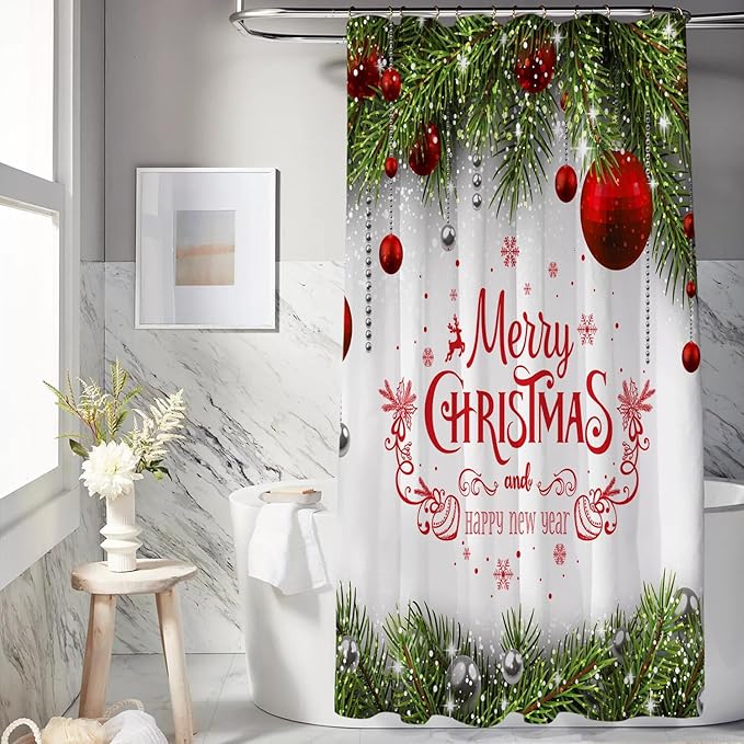 Christmas Shower Curtain Merry Xmas Holiday Backdrop Snowflakes Pine Trees Shower Curtains Sets Polyester Waterproof Fabric Washable Decorative Bathroom Curtain 72" x 72" with 12 Hooks