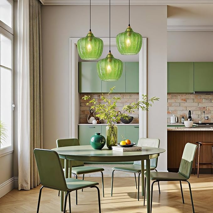 Modern Gold Pendant Light, Green Glass Farmhouse Kitchen Island Pendant Light Fixture Adjustable Vintage Hanging Ceiling Light for Dining Room Corridor Bedroom 9.45 inch