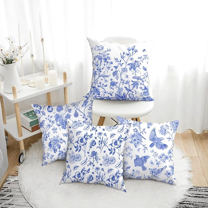 Blue Floral Bird Pillow Covers 18x18 Inch, Chinoiserie Throw Pillow Cases Set of 4 Spring Summer Flower Decorative Pillowcases for Couch Bed Sofa Cushion Living Room, Chinoiserie Decor