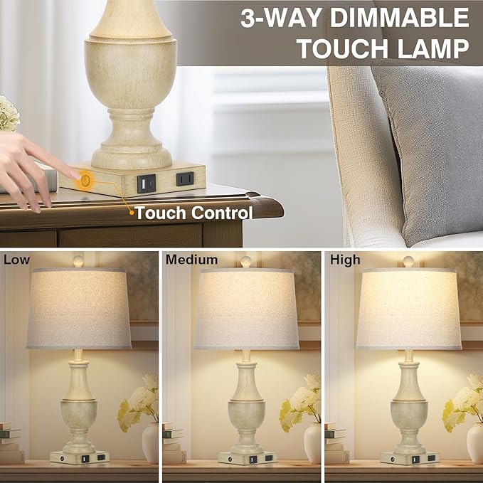 Farmhouse Vintage 3-Way Dimmable Table Lamp Set of 2 with USB A+C Charging Ports & AC Outlet, Rustic Mid Century Antique Traditional Bedside Lamps for Living Room Bedrooms Nightstand End Table White