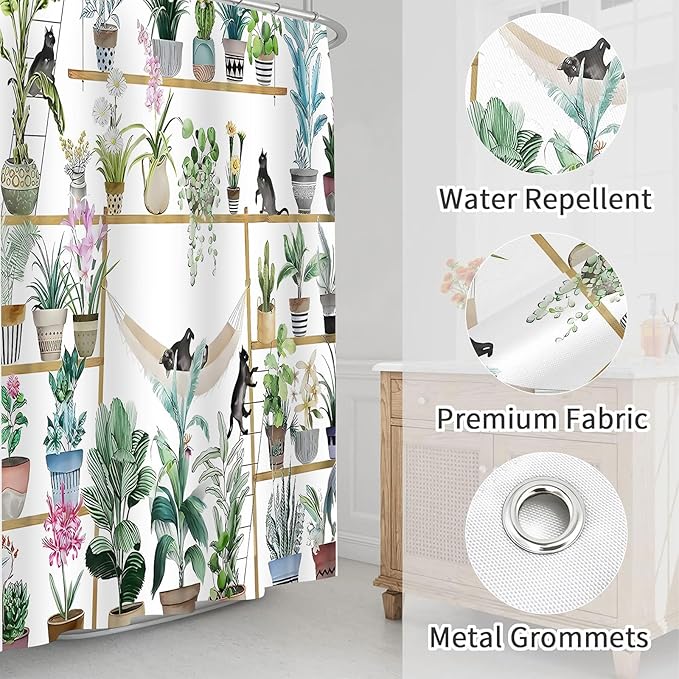Green Potted Plant Shower Curtain Cactus Leaf Floral Black Cat Shower Curtains for Bathroom Waterproof Polyester Fabric Bathroom Curtain 72 x 72 Inch with 12 Plastic Hooks