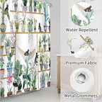 Green Potted Plant Shower Curtain Cactus Leaf Floral Black Cat Shower Curtains for Bathroom Waterproof Polyester Fabric Bathroom Curtain 72 x 72 Inch with 12 Plastic Hooks