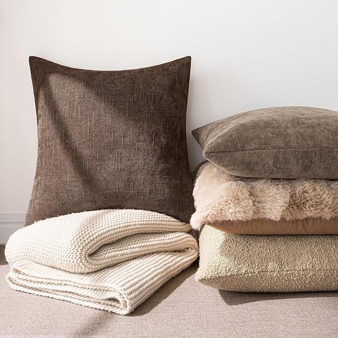 MIULEE Pack of 2 Decorative Throw Pillow Covers Soft Chenille Lumbar Accent Throw Pillows Solid Textured Cushion Covers for Couch Sofa Bedroom Living Room 20x12 Inch, Chocolate