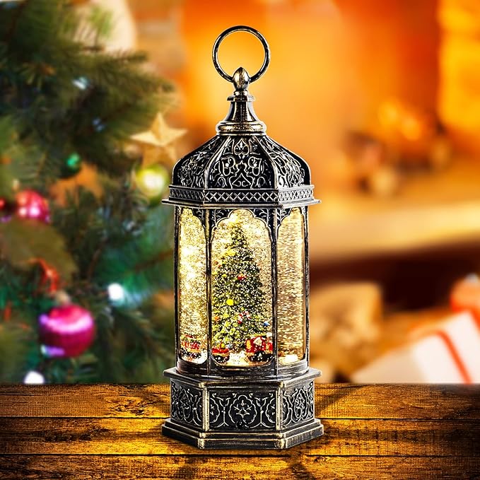 Christmas Snow Globes with Music,6H Timer Cylindrical Flashing Snow Ball,Bronze Musical Box Including 8 Songs,Glitter Snowflakes Lantern with Christmas Tree Xmas Decor Gift