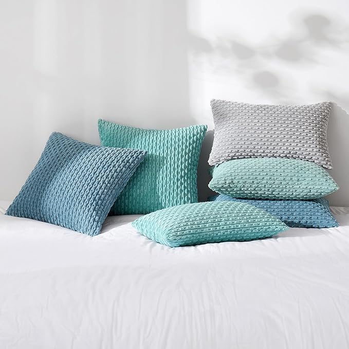 MIULEE Pack of 2 Decorative Lumbar Throw Pillow Covers 12x20 Inch Soft Boho Striped Textured Corduroy Pillow Covers Modern Farmhouse Home Decor for Couch Bed Sofa Living Room Aqua Green