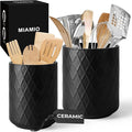 MIAMIO – Kitchen Utensil Holder Ceramic/Kitchen Organizer Set, Farmhouse Decor for Organizing Countertop and Storing Cutlery, Cooking Spoons, and Accessories - Palmanova Collection (Black)