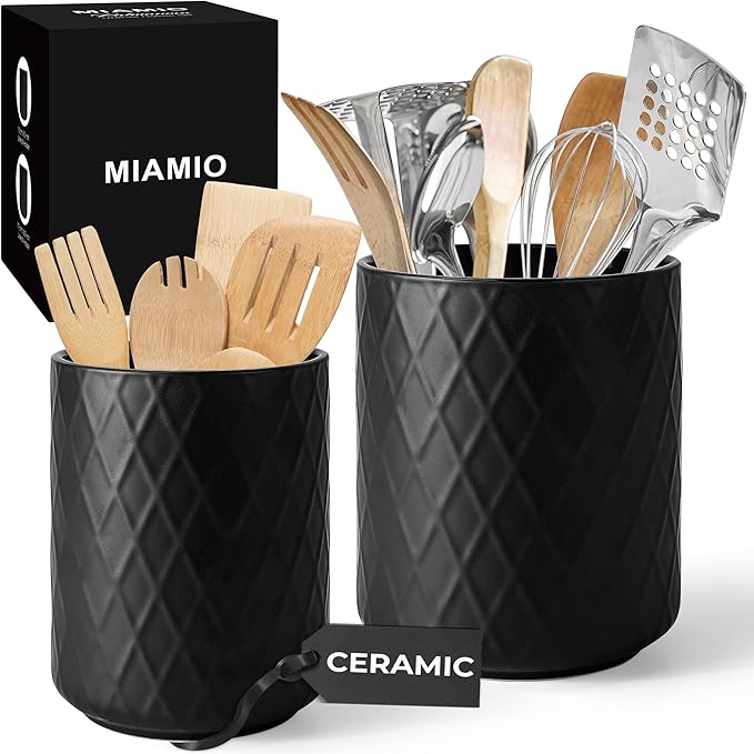 MIAMIO – Kitchen Utensil Holder Ceramic/Kitchen Organizer Set, Farmhouse Decor for Organizing Countertop and Storing Cutlery, Cooking Spoons, and Accessories - Palmanova Collection (Black)