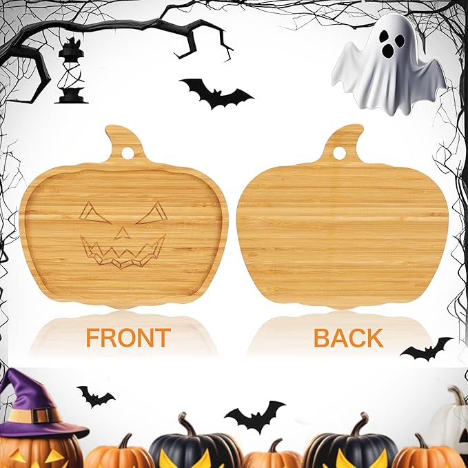 WILLKOMMEN Halloween Serving Platter, Pumpkin Shaped Charcuterie Board, Bamboo Serving Tray 10" x 9" for Party Child Spooky Appetizer Board Serving Dish Plate for Cheese,Snacks,Candy,Cookies