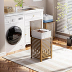 SMIBUY Double Laundry Hamper with Lid, 120L Bamboo Laundry Basket with Removable Liner Bag, 2-Section Clothes Divider Laundry Sorter for Laundry Room, Bathroom, Bedroom (Walnut)