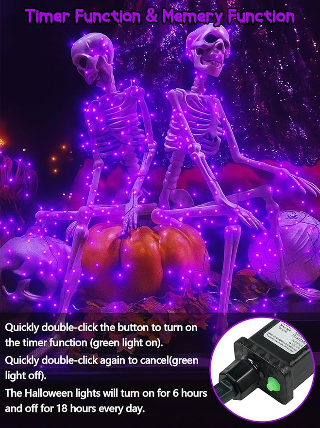 2-Pack 200 LED Extendable Halloween Lights, 66FT Purple Halloween Decorations String Lights Outdoor Indoor Tree Lights, 13 Modes Plug in Mini Fairy Lights Waterproof with Timer and Memory Function