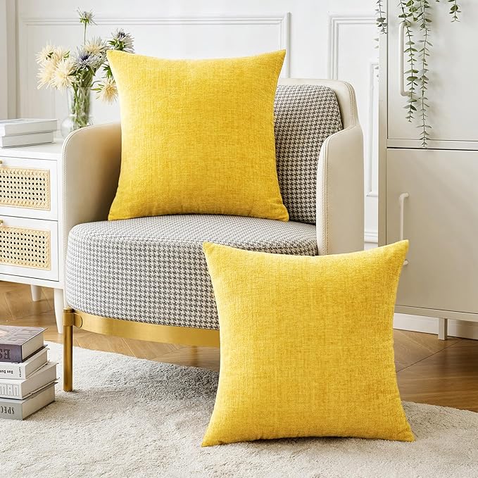 MIULEE Pack of 2 Couch Throw Pillow Covers 20x20 Inch Soft Yellow Chenille Pillow Covers for Sofa Living Room Solid Dyed Pillow Cases