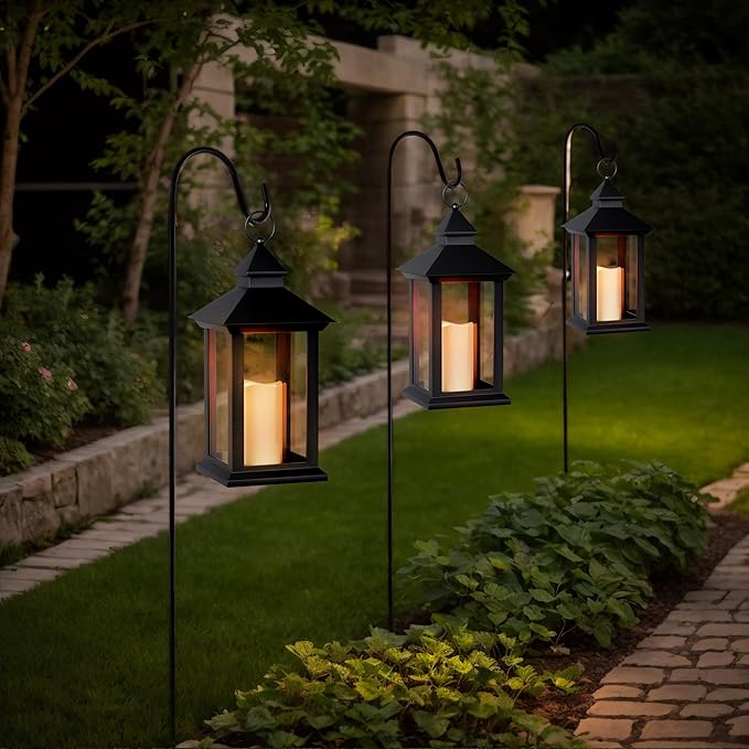 Christmas Lanterns Decorative Indoor, 2 Packs 14" Battery-Powered Waterproof Black LED Candle Lanterns with Timer for Patio & Outdoor, Vintage Hanging Lantern for Home Decorations, Transparent