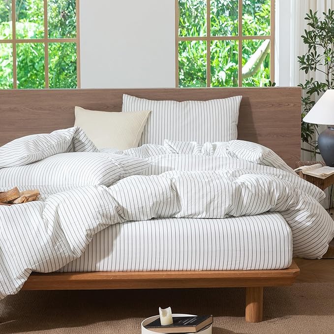 MooMee Striped Duvet Cover Set 100% Washed Cotton Linen Like Textured Breathable Durable Soft Comfy (White Heathered Green Wide Stripes, Super Queen 90"x98")