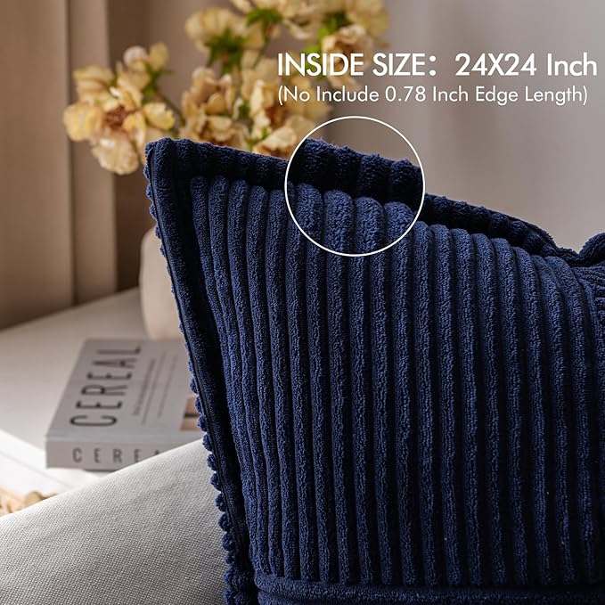 MIULEE Navy Blue Corduroy Decorative Euro Sham Pillow Covers 24x24 Inch with Splicing Set of 2 Soft Boho Pillow Covers Broadside Textured Summer Coastal Pillowcases for Couch Bed Livingroom