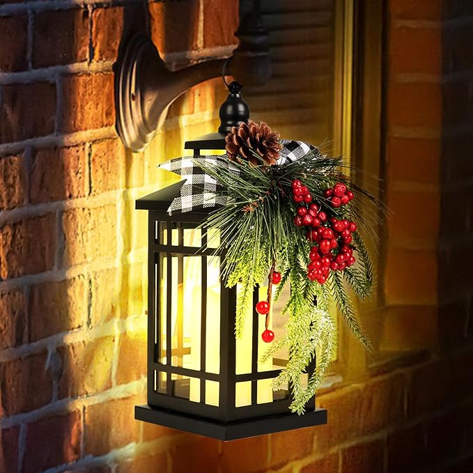Metal Christmas Decorative Candle Lantern with Led Light,Plaid Ribbon,Lighted Hanging Vintage Lanterns for Home Decor Table Fireplace Porch Indoor Outdoor Decorations,Serpro