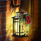 Metal Christmas Decorative Candle Lantern with Led Light,Plaid Ribbon,Lighted Hanging Vintage Lanterns for Home Decor Table Fireplace Porch Indoor Outdoor Decorations,Serpro