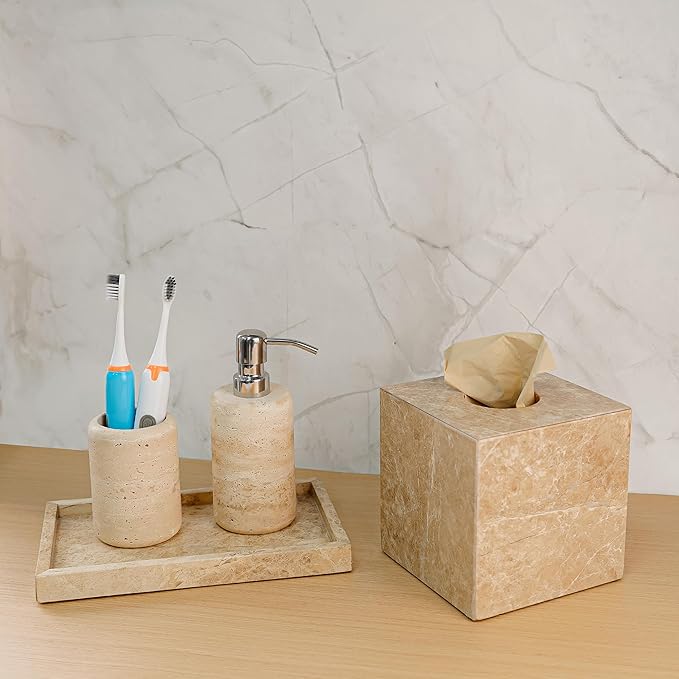 WORHE Italy Natural Marble Vanity Tray for Jewelry, Perfume, Makeup, Candle, Modern Decorative Trays for Bathroom Bedroom Dresser Rectangle Kitchen Storage Organizer for Home Decor Light Brown (WH038)