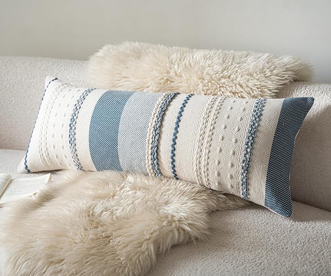 Boho Lumbar Pillow Covers 14x36 Inch Long, Blue Textured Decorative Couch Pillow Cases for Farmhouse Home Decor, Accent Cushion Cover for Sofa, Bed, Living Room, Bedroom, Pack of 1