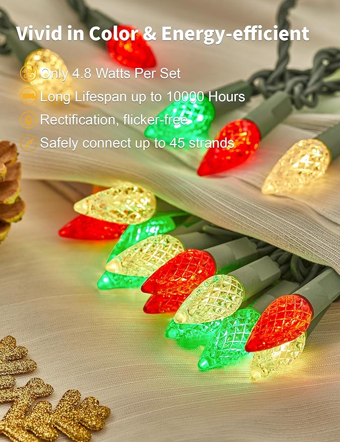 BOHON Red White and Green Christmas Lights, Faceted C6 17ft 50 LED String Lights Plug in, Extendable Green Wire Mini String Lights for Outdoor Indoor Xmas Tree Decoration Waterproof UL Certified
