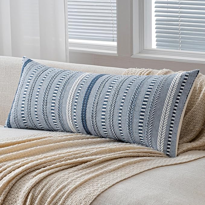 ANRODUO Pack of 1 Boho Throw Pillow Covers 14x36 Inch Farmhouse Decorative Lumbar Couch Pillow Cases Jacquard Cushion Cover Long Accent Pillows of Bed Sofa Bedroom Living Room Home Decor, Navy Blue