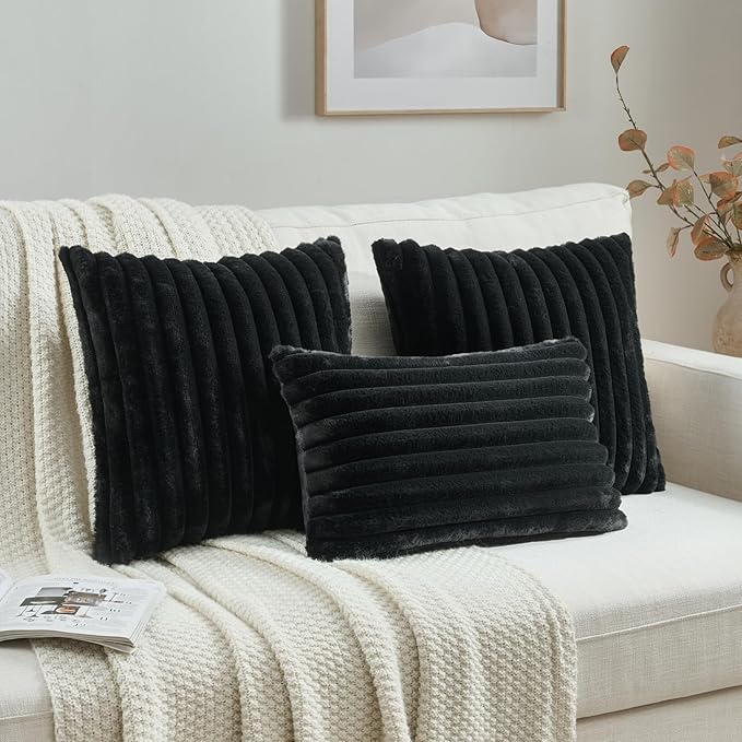 FUTEI Black Striped Decorative Throw Pillow Covers 12x20 Inch Set of 2,Rectangle Winter Decorations Couch Lumbar Pillowcase,Soft Cozy Faux Rabbit Fur & Velvet Back,Modern Home Decor for Bed
