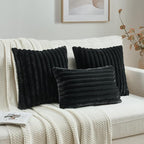 FUTEI Black Striped Decorative Throw Pillow Covers 12x20 Inch Set of 2,Rectangle Winter Decorations Couch Lumbar Pillowcase,Soft Cozy Faux Rabbit Fur & Velvet Back,Modern Home Decor for Bed