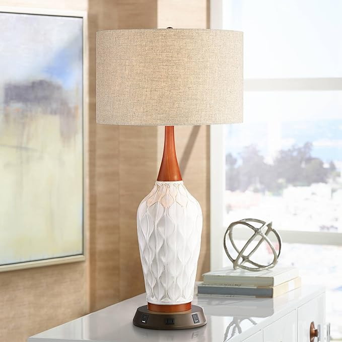 360 Lighting Rocco Mid Century Modern Table Lamp with USB and AC Power Outlet Workstation Charging Base 30" Tall White Ceramic Oak Wood Tan Fabric Drum Shade for Living Room Bedroom House