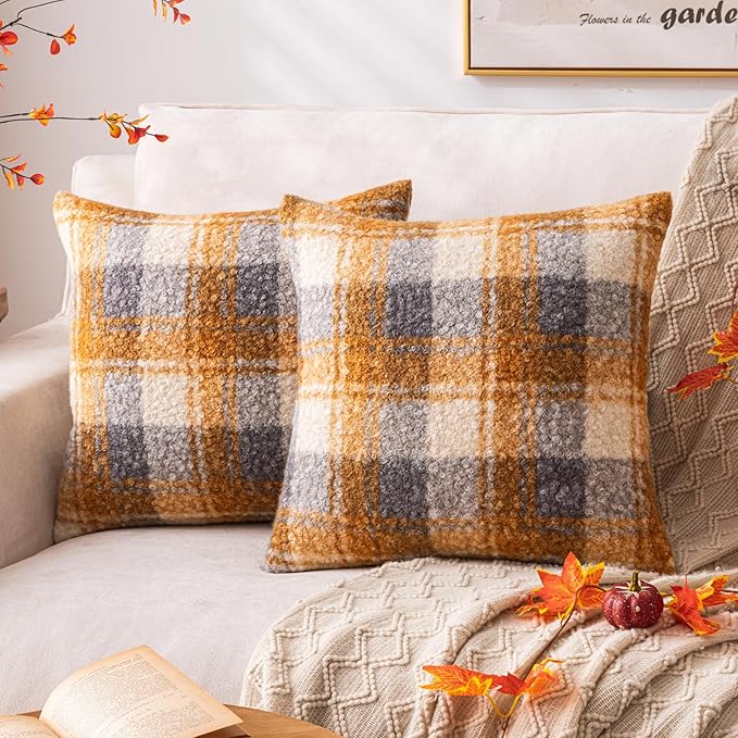 Yellow Plaid Fall Throw Pillow Covers 20x20 Inch Set of 2, Boucle Decorative Pillow Covers,Cozy Fluffy Home Living Room Farmhouse Decor for Sofa Couch Bed