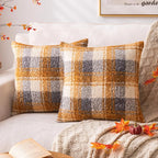 Yellow Plaid Fall Throw Pillow Covers 20x20 Inch Set of 2, Boucle Decorative Pillow Covers,Cozy Fluffy Home Living Room Farmhouse Decor for Sofa Couch Bed