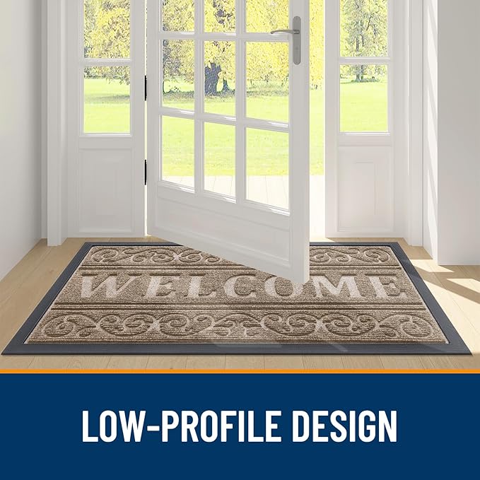 OLANLY Welcome Door Mat Indoor Outdoor Entrance, Heavy Duty Sturdy Front Door Mat, Waterproof All-Weather Doormat, Stain Resistant, Low Profile, Easy Clean Patio Entryway Mat, 29.5 x 17, Light Brown