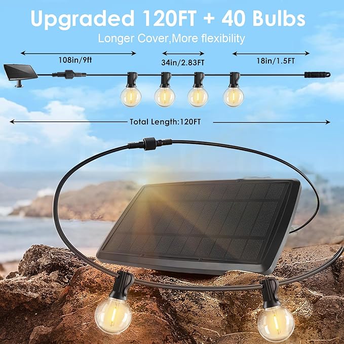 240FT Solar String Lights Outdoor Waterproof with Remote, G40 Solar Powered String Lights with 80+3 LED Shatterproof Bulbs, Dimmable Solar Patio Hanging Lights for Outside Backyard Party