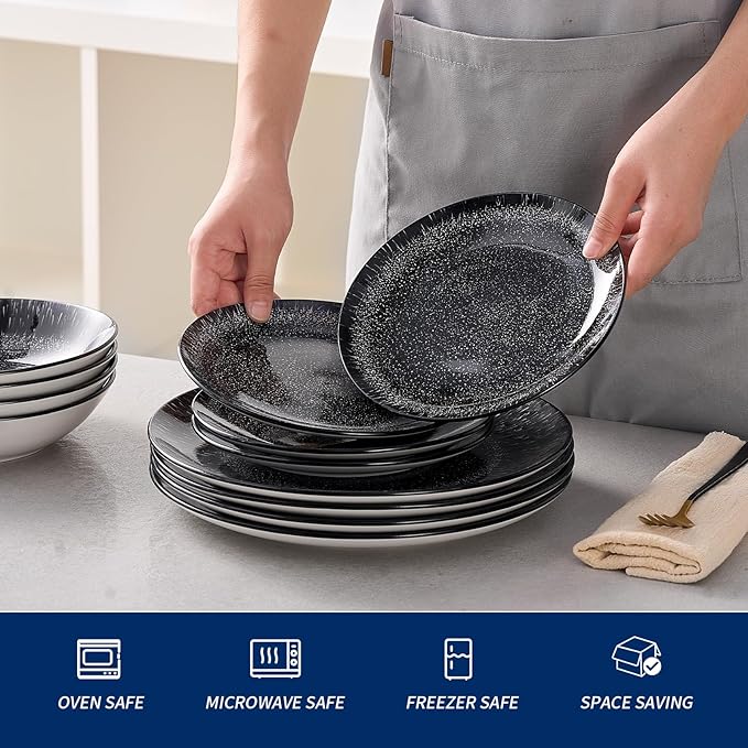 Bestone Plates and Bowls Sets,12 Pieces Round Porcelain Dinnerware Sets,Dishes, Plates, Dishware Sets,Chip Resistant Ceramic Dish Set Dining Dinner Ware Service for 4,Starry Sky Black