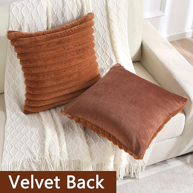 FUTEI Brown Striped Decorative Throw Pillow Covers 14x14 Inch Set of 2,Square Winter Decorations Couch Pillow Case,Soft Cozy Faux Rabbit Fur & Velvet Back,Modern Home Decor for Bed