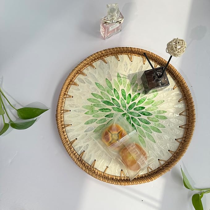 11.8 inch Round Rattan Serving Tray with Mother of Pearl Inlay Wicker Platter Coffee Tray for Coffee Table Decor Coastal Boho Kitchen Storage Display Decorative Basket Food Tray Handmade Wall Decor