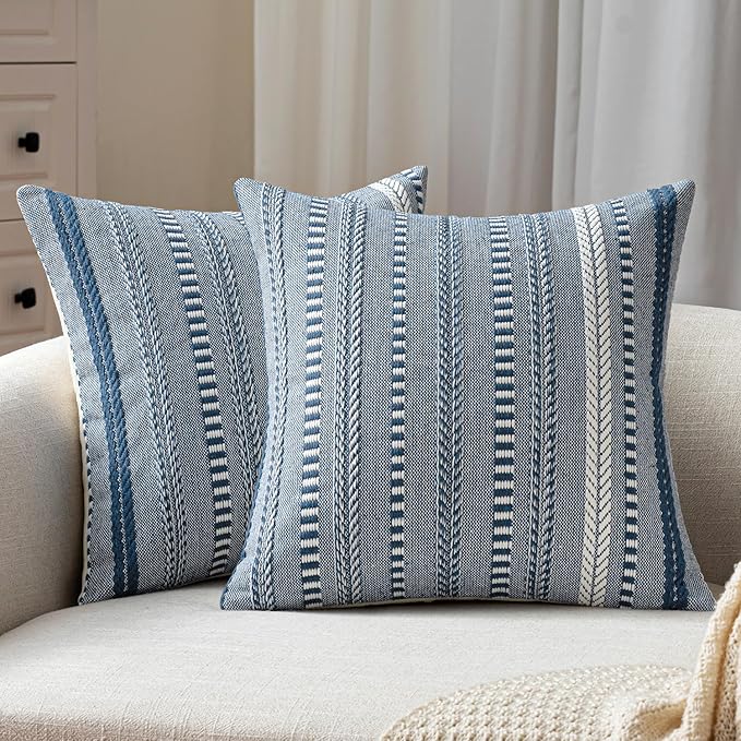 ANRODUO Pack of 2 Boho Throw Pillow Covers 20x20 Inch Farmhouse Decorative Couch Pillow Cases Jacquard Cushion Cover Neutral Accent Pillows of Bed Sofa Bedroom Living Room Home Decor, Navy Blue