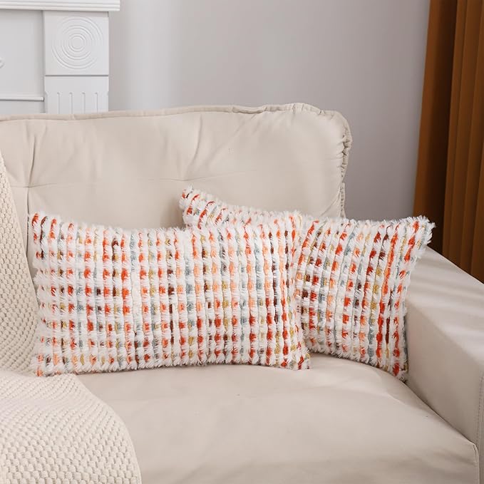 LUOYEHK Boho Throw Pillow Covers 12x20 Inch Set of 2 Chenille Tufted Pillowcase Farmhouse Neutral Cushion Covers for Couch Sofa Bed Living Room, Orange Red