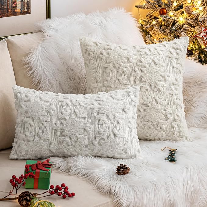 MIULEE Christmas Snowflake Decorative Throw Pillow Covers Set of 2,Soft Fluffy Faux Wool Winter Holiday Couch Pillows for Farmhouse Boho Home Decor Sofa Bed Porch Living Room 20x20 Inch Pure White