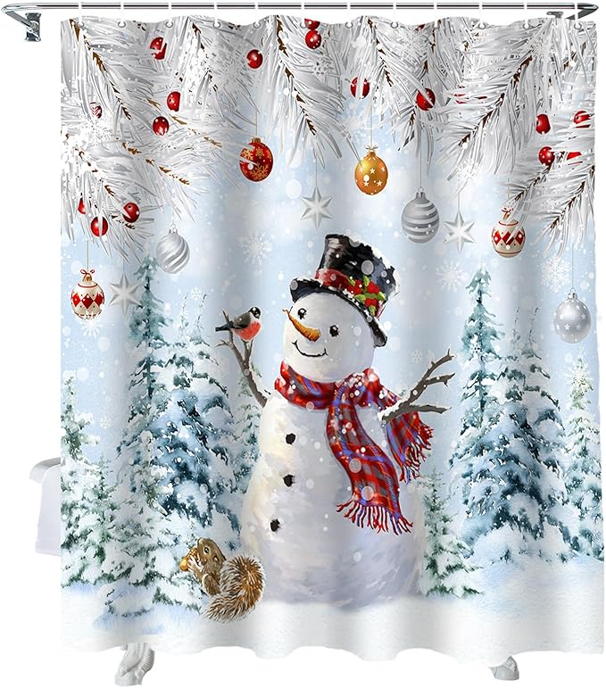 Snowman Shower Curtain, Blue Merry Christmas Tree Red Balls Squirrel Shower Curtains Set with Hooks, Winter Waterproof Fabric Bathroom Curtains Decor Home Accessories, Stall Long 54 X 78 Inch