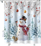Vandarllin Snowman Shower Curtain, Blue Merry Christmas Tree Red Balls Squirrel Shower Curtains Set with Hooks, Winter Waterproof Fabric Bathroom Curtains Decor Home Accessories,Stall 36 X 72 Inch