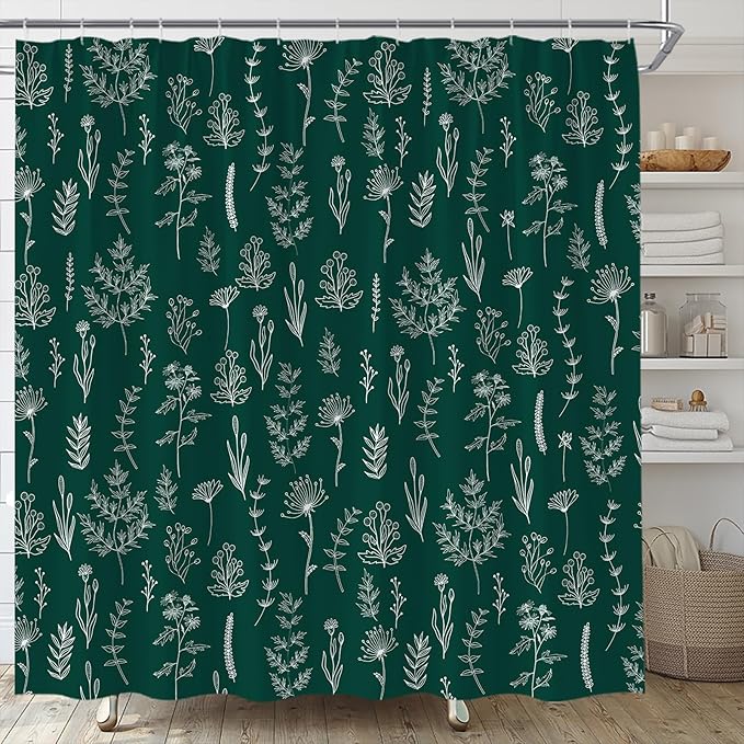 Emerald Green Botanical Shower Curtain Vintage Herbs Floral Farmhouse Cute Boho Leaves Plant Retro Flowers Bathroom Curtain Set with Hooks(84" Wx70 H)