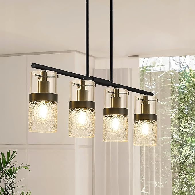 LMS 4-Light Island Lights, Farmhouse Light Fixtures with Hammered Glass Shade, Matte Black Linear Chandelier Pendant Lighting Over Table for Adjustable Height, Kitchen Island, LMS-171BK-4