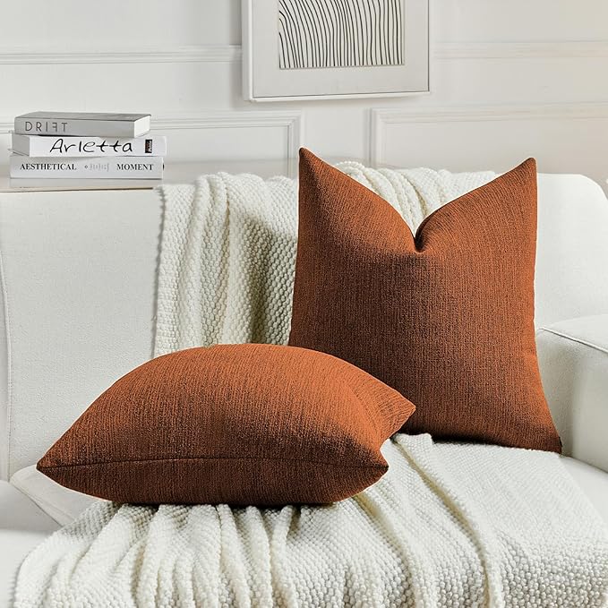 FUTEI Rust Chenille Decorative Throw Pillow Covers 16x16 Inch Set of 2,Soft Cozy Faux Linen Textured Cushion Case,Farmhouse Home Decor for Couch Living Room