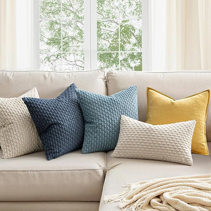 MIULEE Pack of 2 Decorative Throw Pillow Covers 22x22 Inch Soft Boho Striped Textured Corduroy Pillow Covers Modern Farmhouse Home Decor for Couch Bed Sofa Living Room Cream White