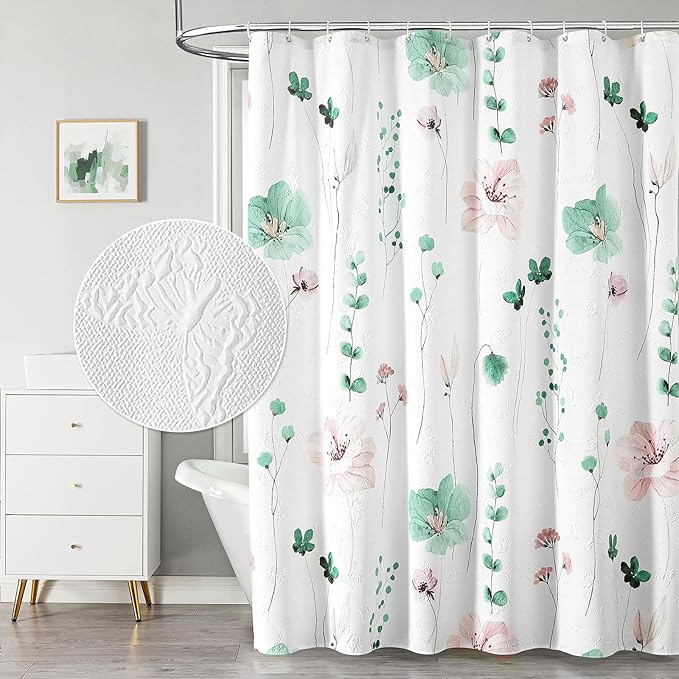 QiyI Watercolor Floral Shower Curtain, 3D Embossed Butterflies Sage Green Flower Bathroom Curtain, Minimalist White Cloth Bath Curtains, Waterproof Fabric Textured Shower Curtain Set with Hooks, 72x72